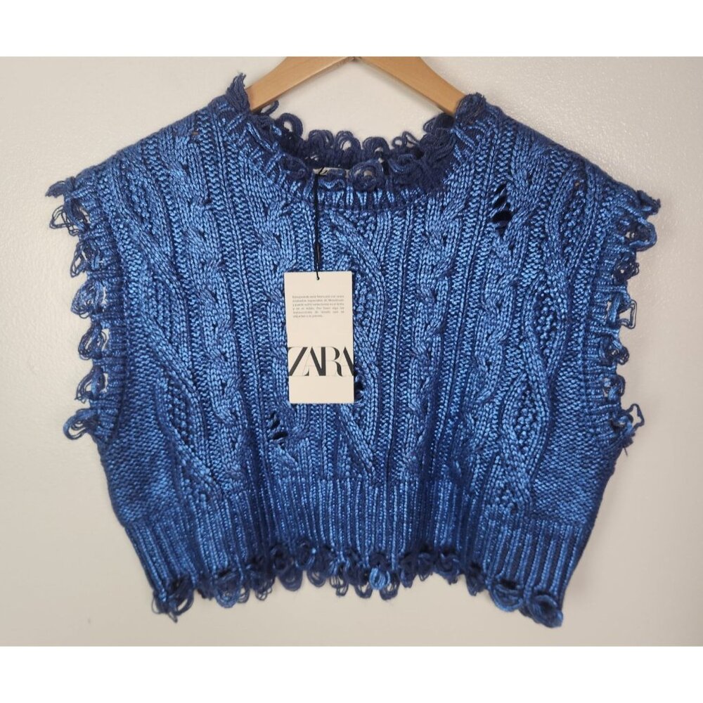 Zara Women's Sz. S Metallic Cropped Oversized Blue Sweater NWT - Picture 1 of 4
